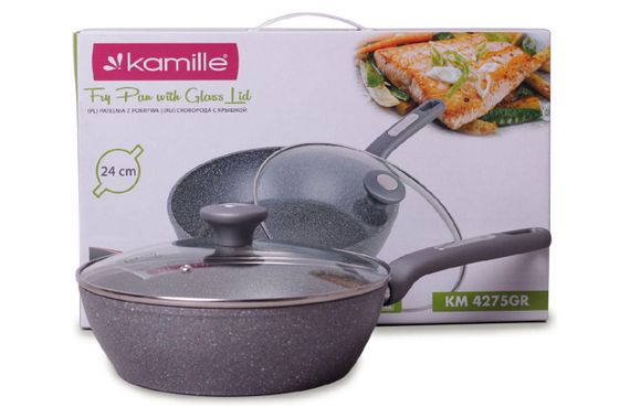 Сковорода антипригарная Kamille - 240 мм Granite глубокая с крышкой (4275GR)