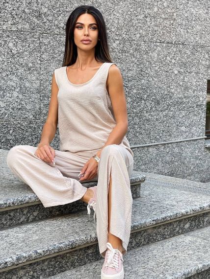 Женский летний брючный костюм с топом лен-жатка DK213 цвет бежевый, размер 42/44 | Зображення 5