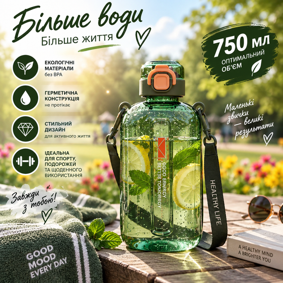 Спортивная бутылка для воды SPORT 750 мл с ремешком - многоразовая BPA-free пластиковая бутылка с герметичной крышкой, зеленая | Зображення 6