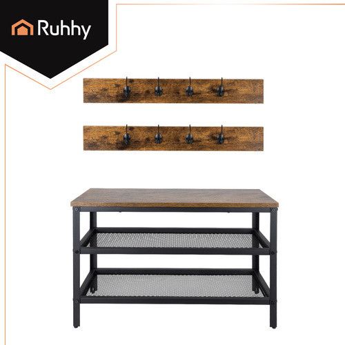 Шафа для взуття RUHHY 2-в-1 з вішалками — лавка із сидінням, 2 полиці, коричнева стільниця в стилі індустріального лофта | Зображення 7