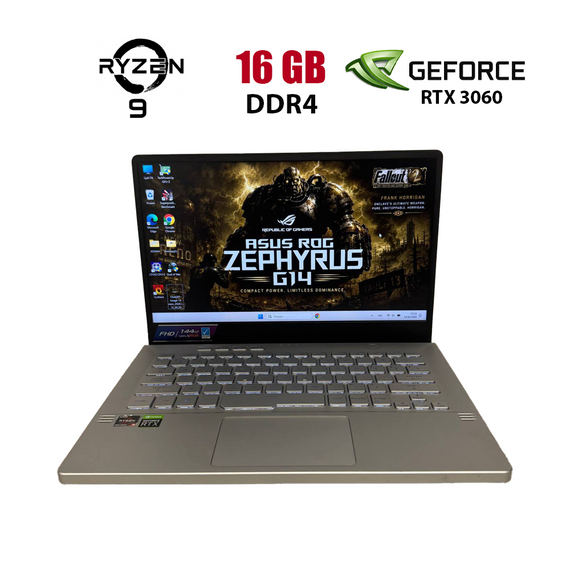 Игровой ноутбук Б-класс Asus ROG Zephyrus G14 GA401QM / 14" (1920x1080) IPS / AMD Ryzen 9 5900HS (8 (16) ядер по 3.0 - 4.6 GHz) / 16 GB DDR4 / 512 GB SSD / nVidia GeForce RTX 3060, 6 GB GDDR6, 192-bit б/у