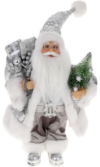Інтерєрна новорічна фігурка Santa з подарунками з ялинкою 30см срібло з паєтками