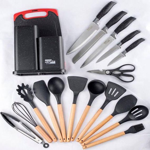 Набір ножів та кухонного начиння з обробною дошкою 19 предметів Zepline ZP-067 Чорний