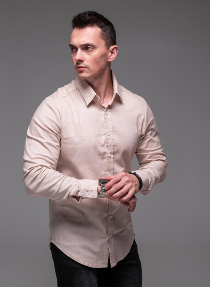 Мужская льняная рубашка с длинным рукавом на пуговицах цвет бежевый, размер S  RA2389 | Зображення 1