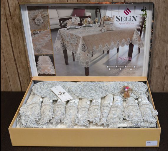 Велюрова скатертина з ранером Selin Beyza Set 160×350+12 серветок Кремова | Зображення 1