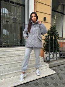 Женская теплая зимняя куртка на кулиске с капюшоном NB24035 цвет серый размер 50/52