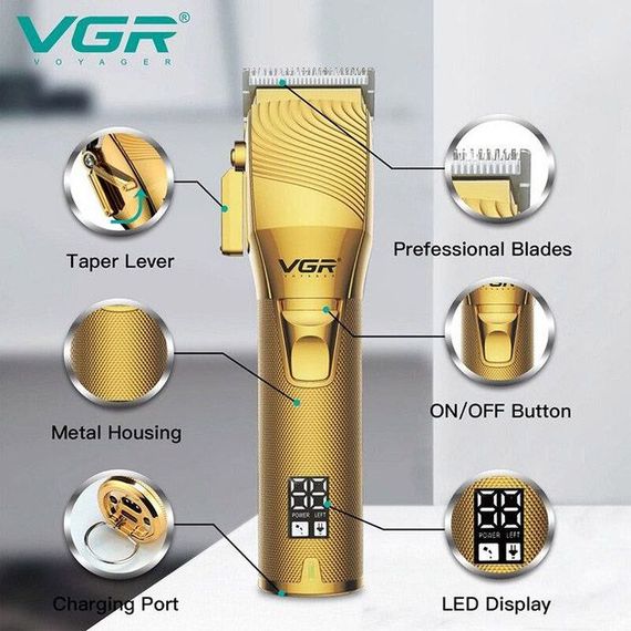 Акумуляторна машинка для стрижки волосся VGR V-280 з дисплеєм і насадками Gold | Зображення 1