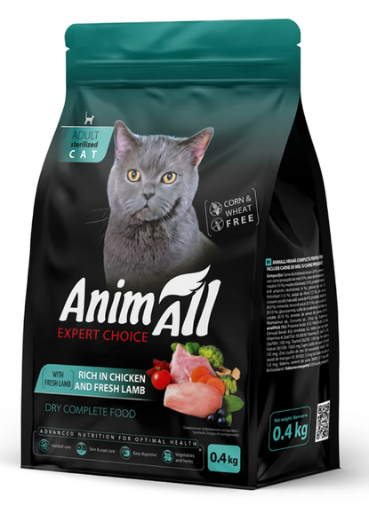 AnimAll Повнораціонний сухий корм для стерилізованих кішок з куркою та свіжою ягнятиною 400 г.