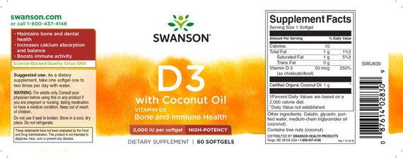 Витамин D Swanson Vitamin D3 with Coconut Oil High Potency 2000 IU 60 Softgels | Зображення 1