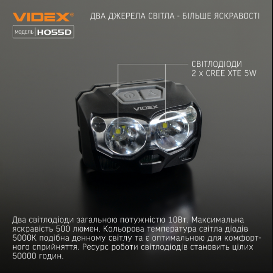 Ліхтарик LED налобний 500Lm 5000К чорний VLF-H055D Videx | Зображення 3