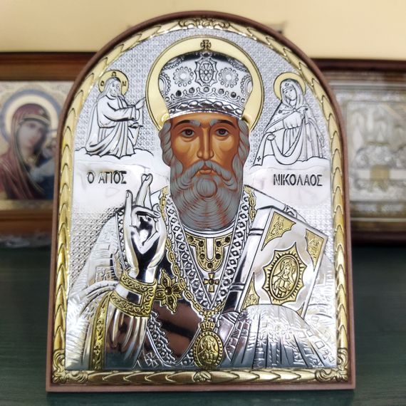 Срібна православна ікона Миколай Чудотворець з позолотою на підставці | Зображення 4