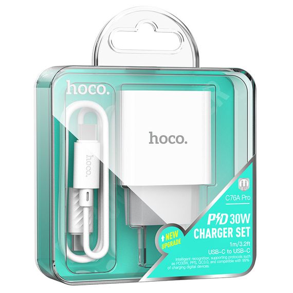 Набор СЗУ 110-240V HOCO C76A Pro+ Type-C кабель, USB-C, PD30W, кабель 1м, White, Box | Зображення 1