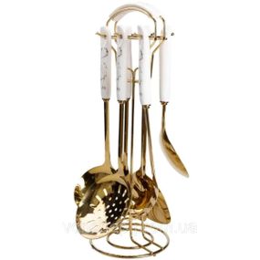 Набор кухонных принадлежностей 7 предметов на подставке столовые приборы из нержавейки Золото с белым HP-20-7