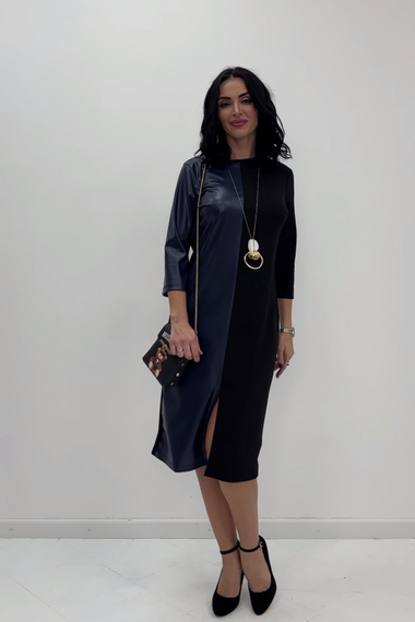 Женское красивое нарядное платье с экокожей GF8977 размер 54/56 цвет черный с синим