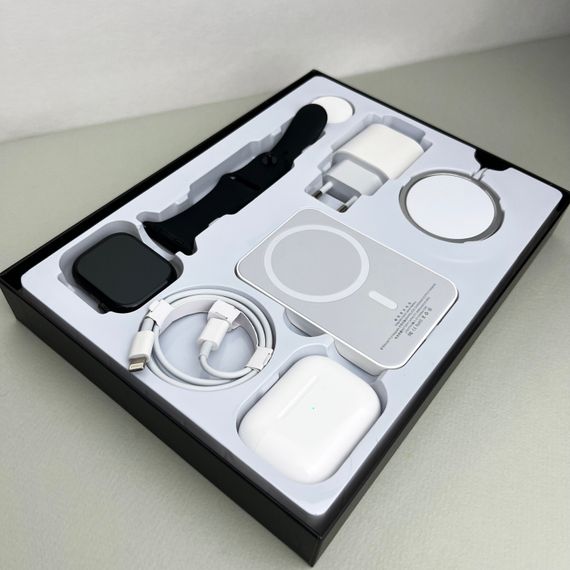 Комплект Megabox 6в1 - Watch 9 / Air Pro 2 / Battary Pack / MagSafe / 20W Type-С / Кабель 3х / Ремінець (Чорний) UA | Зображення 1