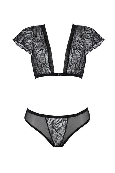 Комплект Passion LEAFA BIKINI black S/M, бюстгальтер-топ з рукавчиками, стрінги-шортики з вирізом Sex Aura | Зображення 2