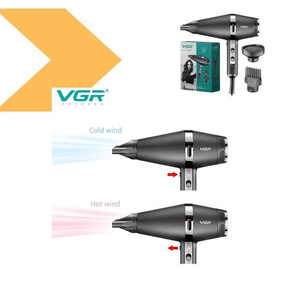 Професійний фен з 4 рівнями обдування і температури VGR V-469, 2400 Вт, 2 насадки (47873- V-469_2270) | Зображення 1