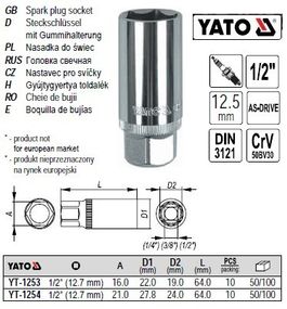 Головка торцевая для свечей YATO Польша M=1/2" A=21 l=64 мм YT-1254