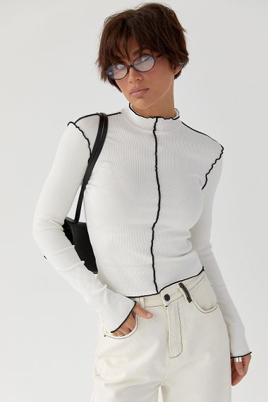 Лонгслів у рубчик з контрастними швами назовні - молочний цвет, S (є розміри)