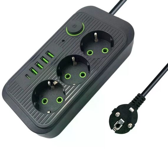 Сетевой фильтр Power Socket F09U 2500 Вт 2 м черный • Удлинитель Power Socket F09U на 3 розетки с 4 USB, PD Type-C и выключателем | Зображення 2