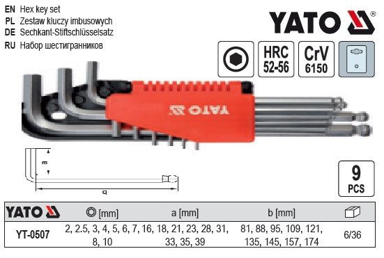 Набор ключи шестигранники YATO Польша шестигранный шар 2,0-10 мм 9 штук YT-0507 | Зображення 1