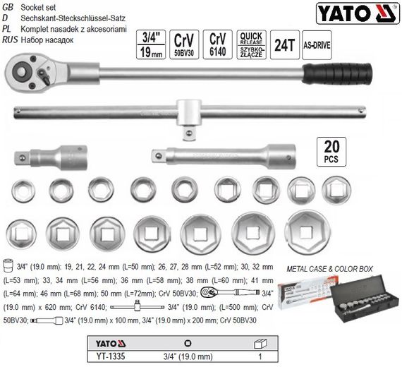 Набор головок торцевых YATO Польша 3/4" М=19-50 21 штука YT-1335