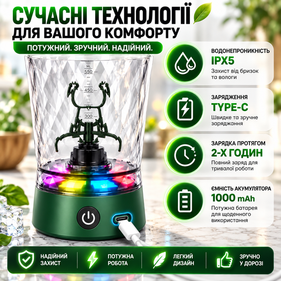 Электрический шейкер 650 мл зеленый для протеина аккумуляторный с LED-подсветкой, USB Type-C и контейнером для порошка | Зображення 4