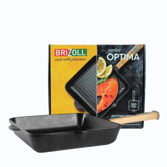 Сковорода-гриль чавунна Brizoll Optima 26х26 см O262650G-P з дерев'яною ручкою для всіх плит | Зображення 1