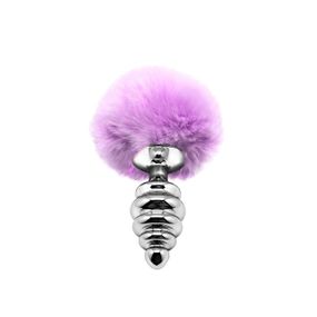 Металева анальна пробка Кролячий хвостик Alive Fluffy Twist Plug M Purple, діаметр 3,4 см sexstyle