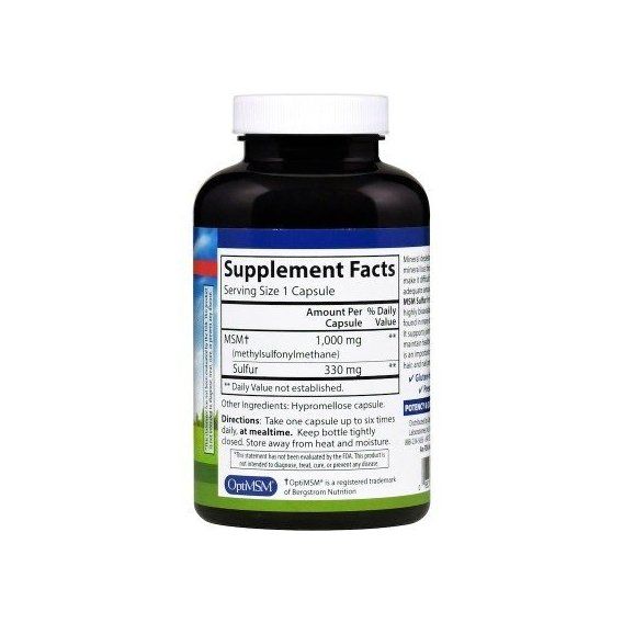 Препарат для суглобів та зв'зок Carlson Labs MSM Sulfur 1000 mg 180 Veg Caps | Зображення 1