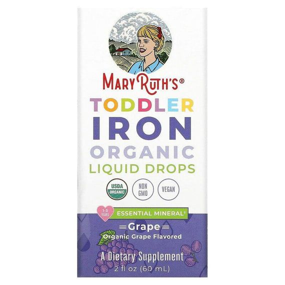 Залізо для малюків від 1 до 3 років, Toddler Iron, MaryRuth Organics, органік, рідкі краплі, смак винограду, 60 мл | Зображення 1
