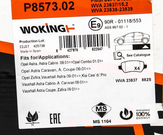 Гальмівні колодки Astra/Ceed/Combo/Zafira 94-, WOKING (P857302) | Зображення 5