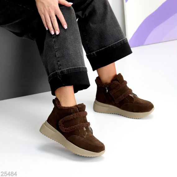 Шоколадные замшевые зимние спортивные ботинки, молния + липучка | Зображення 5