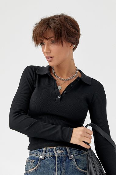 Приталена кофта-поло в рубчик - чорний цвет, XL (є розміри) | Зображення 4