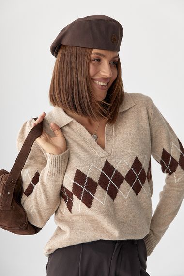 В'язаний светр-поло з ромбами - кавовий цвет, ONE SIZE (є розміри) | Зображення 4