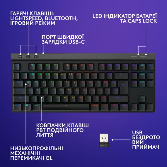 Клавіатура Logitech G515 TKL Lightspeed Tactile Bluetooth UA Black (920-012538) | Зображення 6