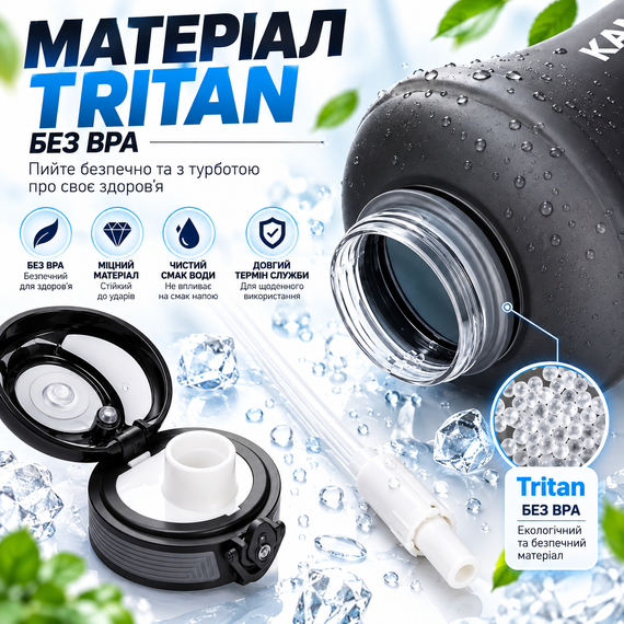Эко-бутылка KANGZYUAN 1800 мл - Черная Tritan BPA-free, ударопрочная спортивная бутылка для воды с ручкой и ремешком | Зображення 3
