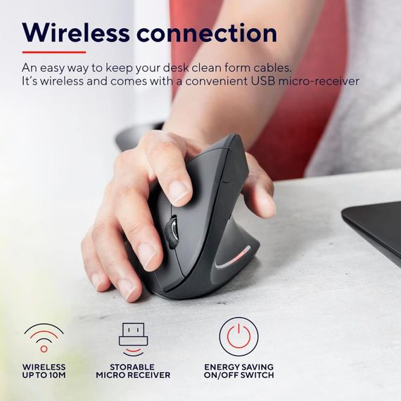 Беспроводная эргономичная мышь Trust, вертикальная, LED подсветка 6 кнопок 800–1600 DPI для ПК ноутбука черная | Зображення 2