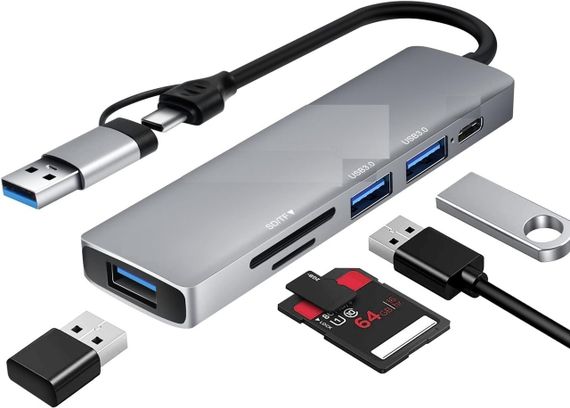 USB-концентратор Адаптер Airsky USB и USB C 5-в-1 3USB 3.0 USB C PD Card Reader серый.