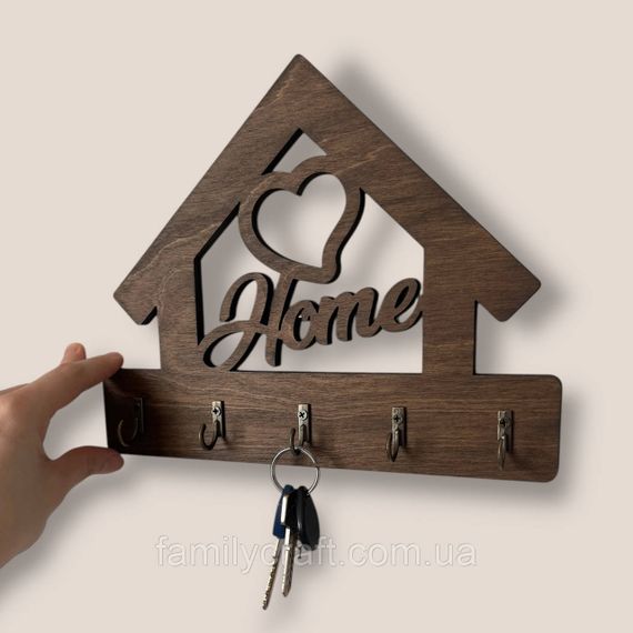 Ключниця настінна з серцем Home (Будинок) венге на 5 гачків, дерев'яна вішалка тримач для ключів у передпокій | Зображення 1