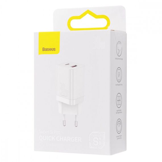 Мережевий зарядний пристрій Baseus Super Si Pro Quick Charger Type-C+USB 30W, Білий | Зображення 1