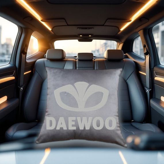 Авто Подушка c вышивкой логотипа марки део daewoo серый автомобилисту 00454