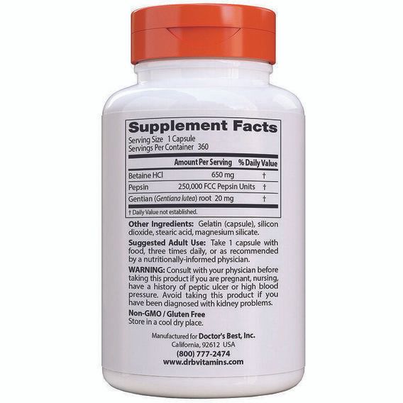 Бетаїну гідрохлорид Doctor's Best Betaine HCL, Pepsin and Gentian Bitters 360 Caps DRB-00315 | Зображення 1