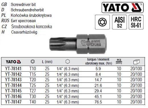 Насадка отвертки бита YATO Польща TORX 1/4" T30 l=25 мм YT-78146