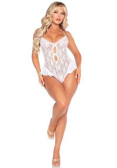 Боді Leg Avenue Lace Floral Lace Halter Teddy with Flutter Accent One Size, White | Зображення 4