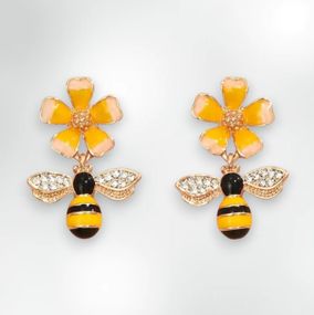 Сережки-гвоздики з підвіскою Liresmina Jewelry Бджола і Квітка з крапельною глазур’ю 3 см золотисті