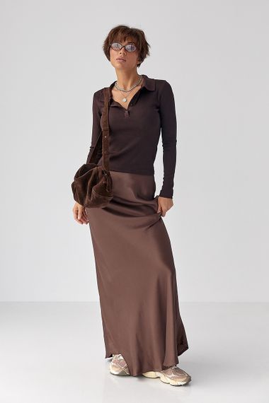 Приталена кофта-поло в рубчик - темно-коричневий цвет, L (є розміри) | Зображення 2