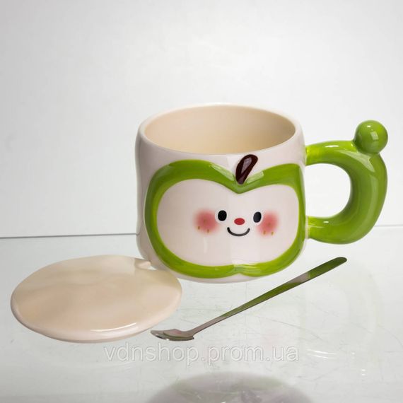 Чашка порцелянова 400 (мл) з кришкою та ложкою, оригінальна кружка на подарунок чашка для дітей Зелений FM-25A | Зображення 2
