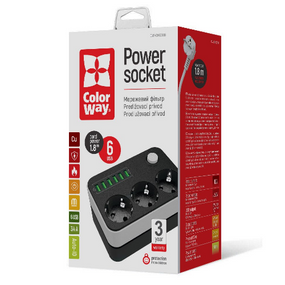 Фільтр мережевий 3 розетки/6USB 1,8 м чорний CW-CHE36B ColorWay
