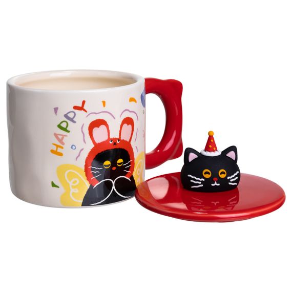 Кубок порцелянова з кришкою Kitten's Birthday 400 (мл) подарункова кружка прикольна чашка для дітей на подарунок Червоний FM-24D | Зображення 1
